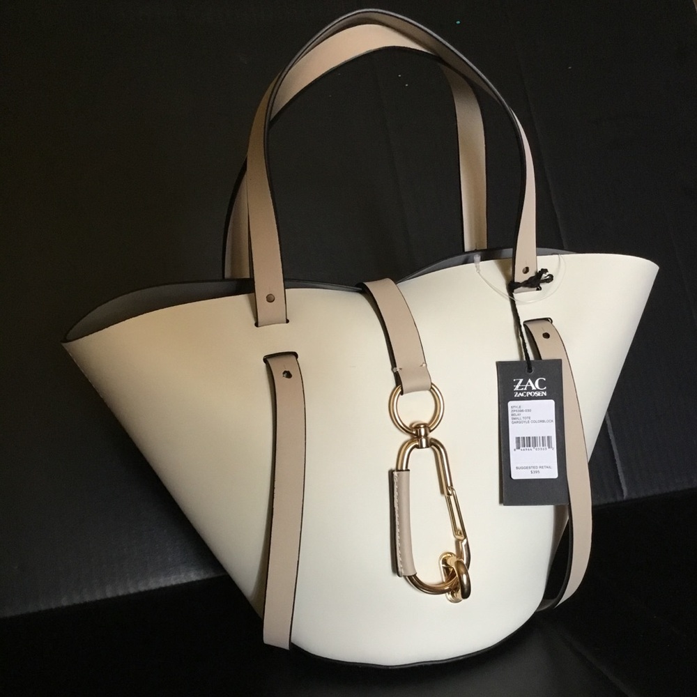 ZAC POSEN COLOR BLOCK CREAM & GRAY LEATHER TOTE
